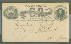 Costa Rica UY 1888 4 cent Reply Card. Used from Cartago to San Jose. Long Message