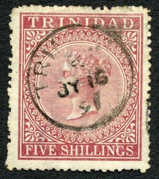 Trinidad and Tobago SG87 5/- Rose-lake Wmk CC Perf 12.5 Cat 90 pounds