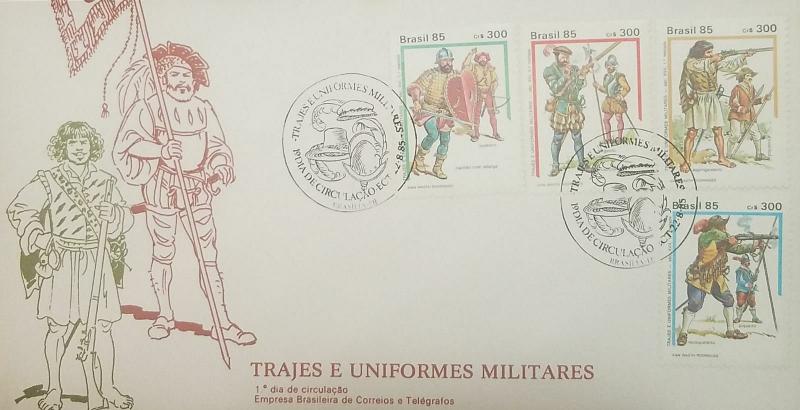 L) 1985 BRAZIL, MILITARY COSTUMES AND UNIFORMS, PEOPLE, PISTOLS, SHIELD, HELMET