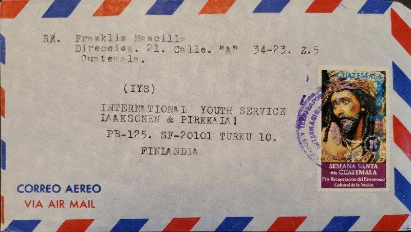 A) 1977, GUATEMALA, COVER SHIPPED TO FINLAND, AIRMAIL, PRO RECOVERY OF THE CULTU