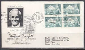 Canada Scott 438 Blk 4 Rose Craft FDC - Sir Wilfred Grenfell