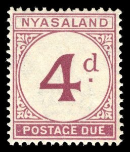 Nyasaland 1950 KGVI Postage Due 4d purple BROKEN d in value MNH. SG D4 var.