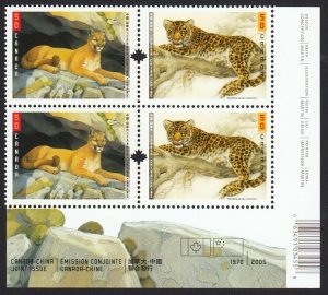 COUGAR, LEOPARD, PUMA = CHINA JOINT ISSUE = Canada 2005 #2123a MNH LR BLOCK of 4