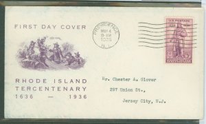 US 777 1936 3c Rhode Island Tercentenary (Roger Williams) on an addressed (typed) FDC with a RI Insurance Company first cachet