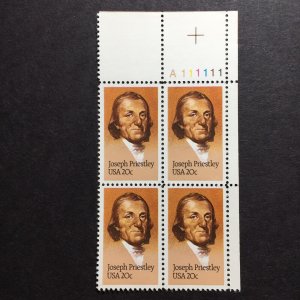 US, 2038, JOSEPH PRIESTLEY, MINT NH, VF, PLATE BLOCK VINTAGE COLLECTION