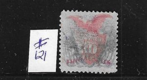 US #121 1869 -SHIELD/EAGLE/FLAGS 30C (ULTRA/CARMINE) GRILL 9.5X9 MM-USED (FADED)