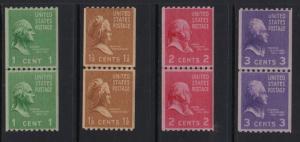 1939 PREXY COILS Sc 848-51 MNH line pairs set CV $23