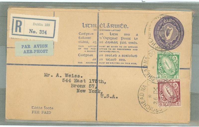 Ireland  1949 Postal Stationery, 6 1/2c deep violet, Dublin to Usa, NY cancels on reverse