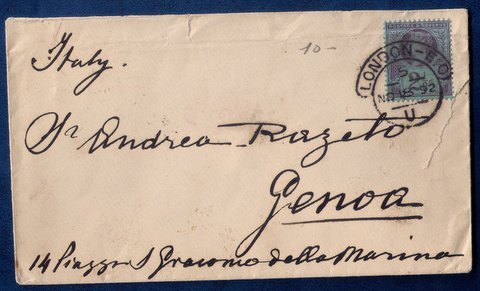 GB UK Sg 201 QV Postal Cover London To Genoa Italy 1892 Used