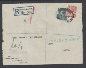 Great Britain Sc 189,193 used perfins 1928 Registered cover LONDON-OSLO, Norway