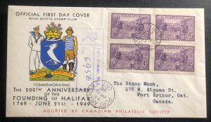 1949 Port Arthur Canada First Day cover. 200th Anniversary Of Founding Halifax