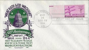 1944 FDC, #924, 3c Telegraph, Cachet Craft/Staehle, margin single