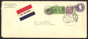 USA Sc# 597X2 600 coil stamps on U436 envelope Used 1933 5.3 AIR MAIL