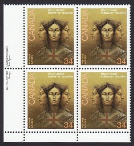 INDIAN = MOHAWK NATIVE LEADER MOLLY BRANT = Canada 1986 #1091 MNH LL BLOCK OF 4