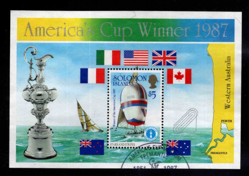 British Solomon Islands Scott 575 Used Americas Cup Yacht Race souvenir sheet