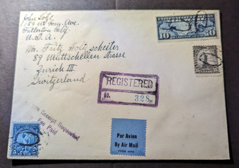 1933 Registered USA Airmail Cover Fullerton CA to Zurich Switzerland