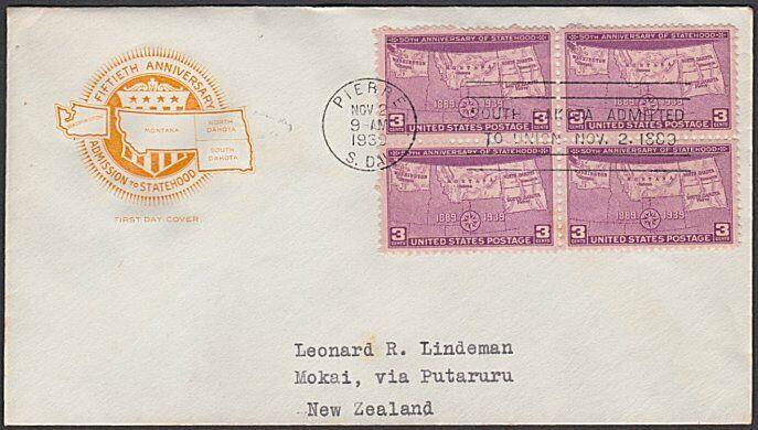 USA 1939 3c South Dakota FDC to New Zealand -  backstamped.................55630