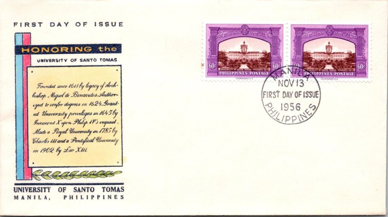 Philippines FDC 1956 - University of Sto Tomas - 2x60c Stamp - Pair - F43182