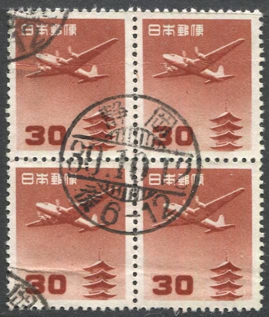 JAPAN 1952 Sc C28  Used Block  30y Airmail, F-VF, crease