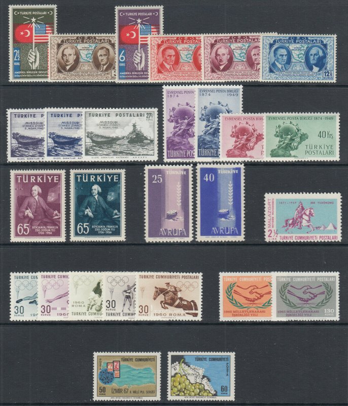 Turkey Sc 817/1754 MNH. 1939-1967 issues, 9 cplt sets, VF