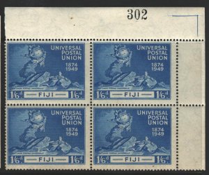 Fiji Sc#144 MNH Corner Control Block of 4 - hinged on 1 stamp and in selvedge