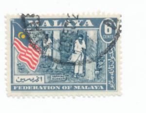 Malaya 1957 Scott 80 used - 6c, Rubber Tapping & flag