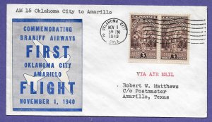 33W44   OKLAHOMA CITY / WEST -  BRANIFF 1940 CAM 33, FIRST FLIGHT AIRMAIL COVER.