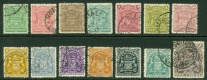 SG 75-90 Rhodesia 1898-1908. ½d-£1 set of 14. Good to very fine used. 1/- has...