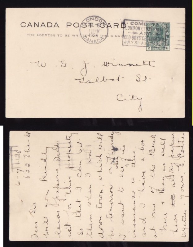 Canada-covers #12360-2c Admiral p/c-London,Ont slogan-Old Boys Celebration-Jul