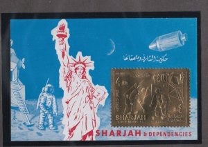 Sharjah # MIBlock70B, Astronauts on the Moon, Gold Foil Souvenir Sheet. Mint NH