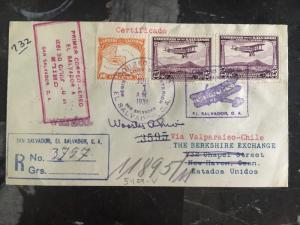 1931 El Salvador first flight Registered cover FFC Valparaiso Chile To USA