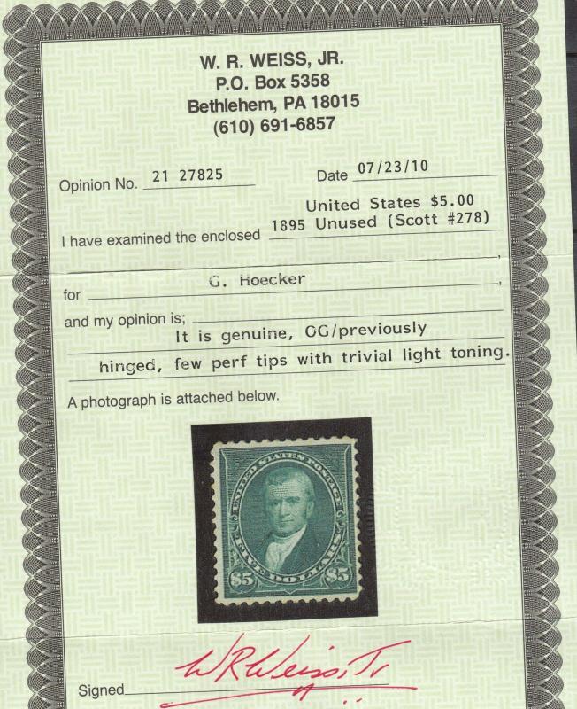 USA #278 Mint **With Certificate**