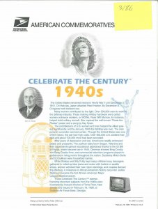 USPS COMMEMORATIVE PANEL #562 CELEBRATE THE CENTURY 1940S #3186