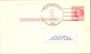 United States Pennsylvania Slateford 1957 4f-bar  1845-1957  Postal Card  Phi...