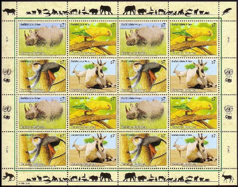 UN Vienna Birds Rhinoceros Parrot Monkey Oryx Sheetlet of 4 sets 1995 MNH