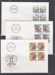 Switzerland Mi 1314/1330, 1986 issues, 4 complete sets in blocks of 4 on 13 FDCs