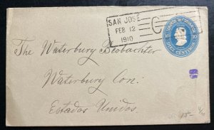 1910 San Jose Costa Rica Postal Stationery Cover To Waterbury CT USA 