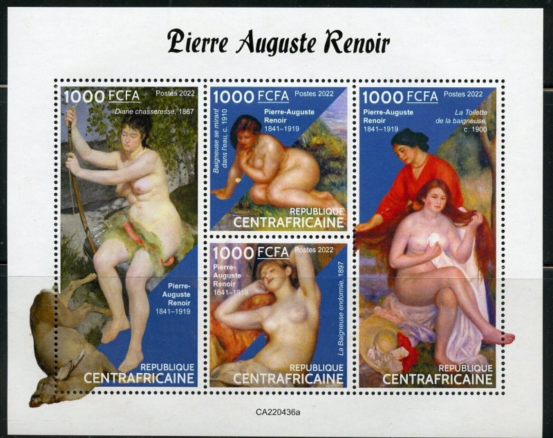 CENTRAL AFRICA 2022 PIERRE AUGUST RENOIR NUDE PAINTINGS SHEET MINT  NEVER HINGED