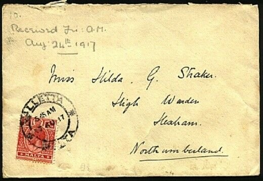 MALTA 1917 cover Valetta to UK.............................................30403