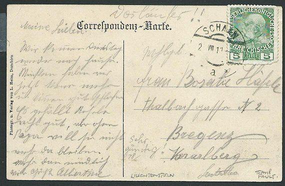 LIECHTENSTEIN 1911 postcard, Austria franking, Schaan cds..................42454