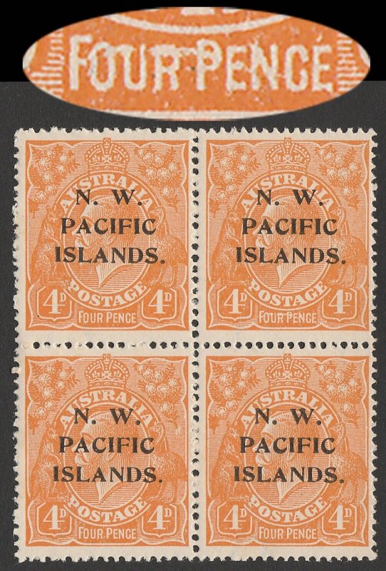 NEW GUINEA - NWPI 1918 KGV 4d yellow-orange, block 'line through Four Pence'.