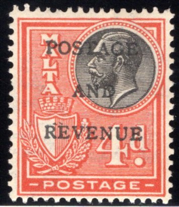 157 Malta, MLHOG, 4p, 1928, Stamp of 1926-1927 O/P POSTAGE AND REVENUE in blac