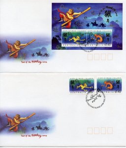 CHRISTMAS ISLAND 2004 LUNAR NEW YEAR OF THE MONKEY & ZODIAC  FIRST DAY COVERS 