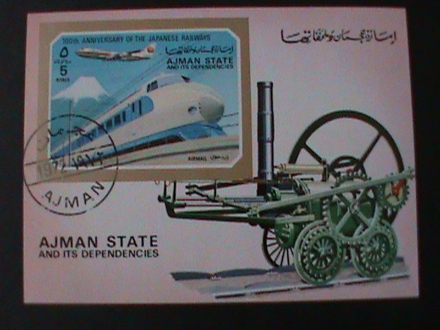 AJMAN-1972 MODEAN EXPRESS TRAIN & CLASSIC ANTIQUE TRAIN CTO  IMPERF-S/S-VF