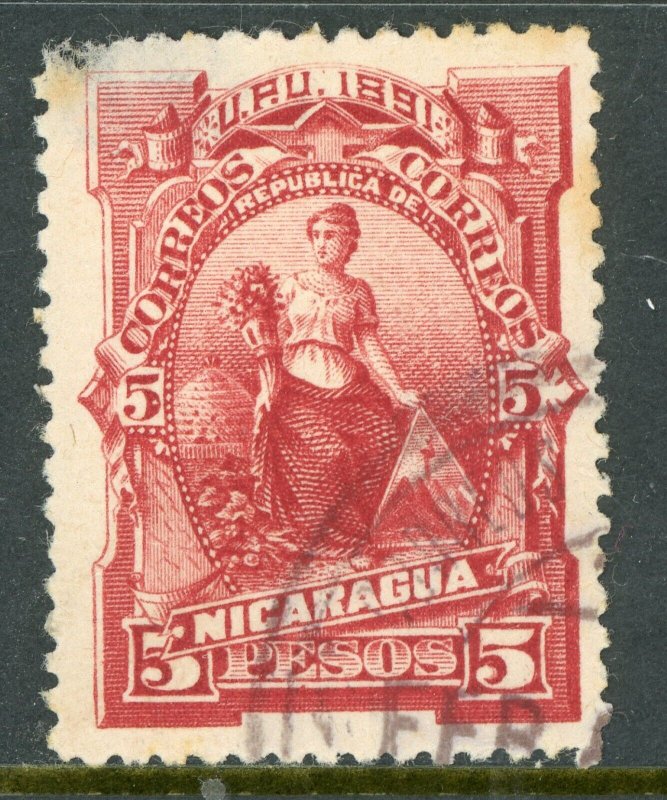 Nicaragua 1891 Seebeck 5 Peso Goddess of Plenty Scott #38 VFU Z347 ⭐