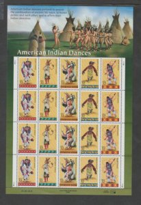 U.S. Scott #3072-3076 American Indian Dances Stamps - Mint NH Sheet - LR Plate