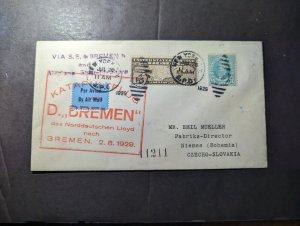 1929 USA Airmail Catapult Flight Cover SS Bremen to Niemes Czechoslovakia