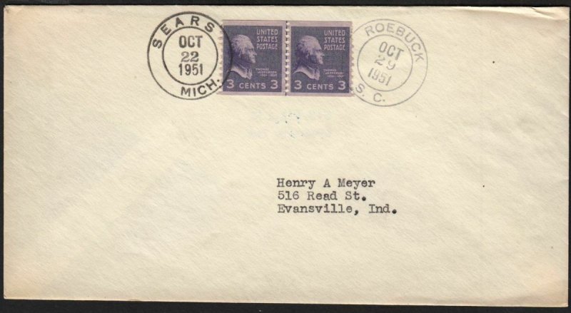 1951 Sears MI & Roebuck SC cancels Sc 842 line pair