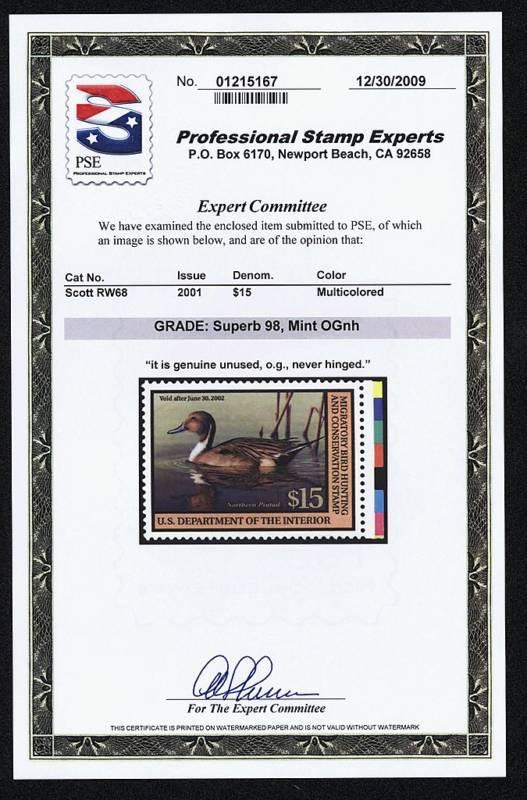 US RW68  PSE GRADED SUPERB 98, MINT OGnh  