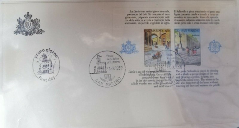 A) 1989, SAN MARINO,  CHILDISH GAMES, FDC, SLED, THE RAYUELA, ISSUE EUROPA